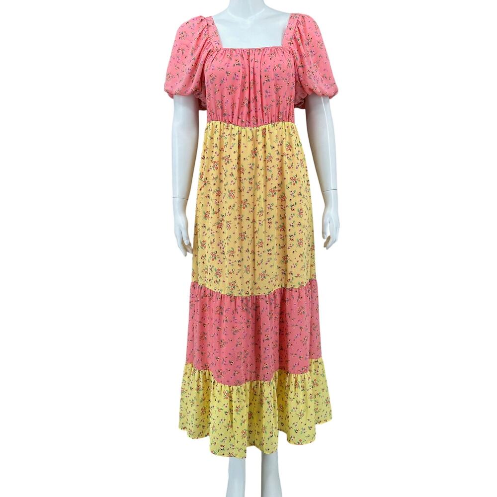 Color Me‎ Courtney Dress Womens 6 Cece Yellow Floral Maxi Boho Peasant Cottage